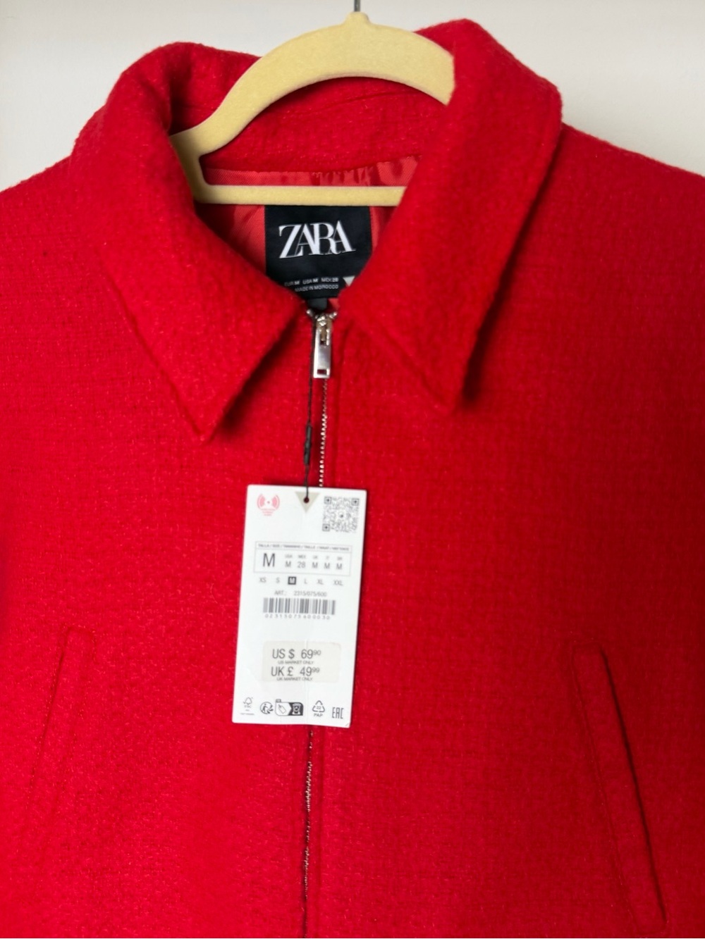 ZARA Red Zip-Front Pea Coat
